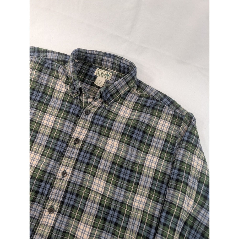 VTG L.L. Bean Grunge Cloth Shirt Green Plaid Flannel XL Tall Traditional Fit